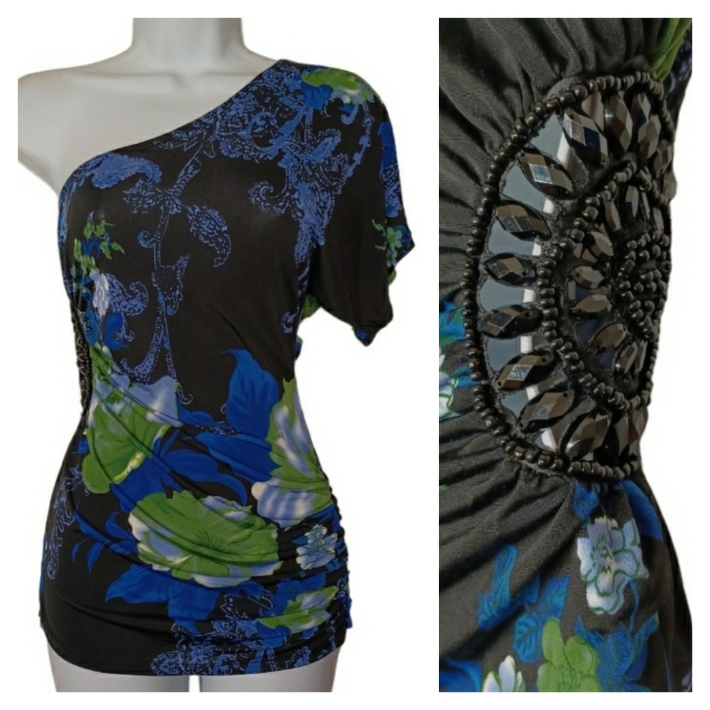 SAPA Blue Green Floral Print Beaded One Shoulder Ruching Stretchy Top Medium